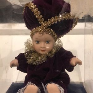 Vintage Porcelain Mini Baby Jester Doll Purple Velvet Clothes New In Box